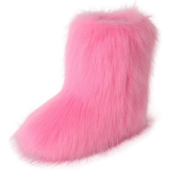 Shoes - Women's Faux Fluffy Furry Fur Short Snow Warm Comfortable Mid Calf Pink Boots